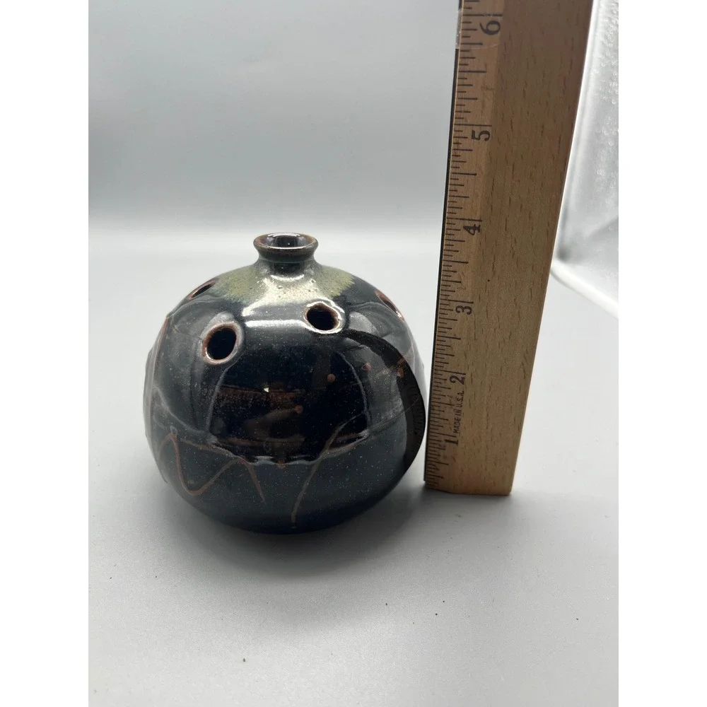 Marlow Signed Studio Pottery Flower Frog‎ Vase Black Brown Glazed Orb Ceramic